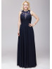 Navy Blue Lace Chiffon Jewel Neckline Long Prom Dress 